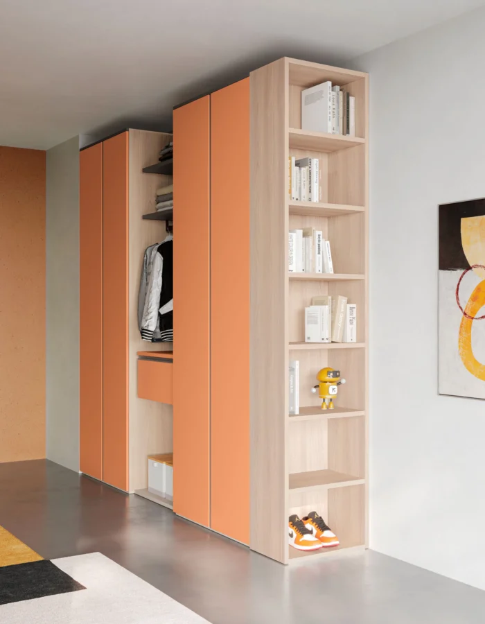 Composizione camera mattone opaco con vano centrale appendiabiti, libreria terminale e scrivania
