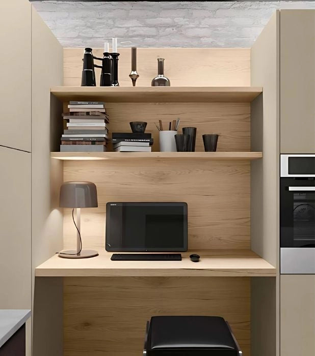 Composizione cucina angolare con zona home office e schienale attrezzato