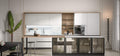 Composizione cucina lineare con boiserie metallo brunito e penisola rovere con gamba metallica