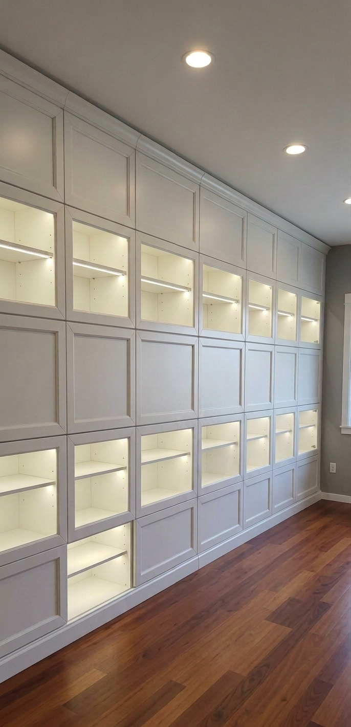 Libreria a parete in stile contemporaneo con anta a telaio in massello e luci LED