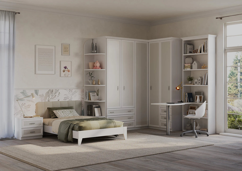 Composizione armadio angolare con terminale a giorno e letto con comodini