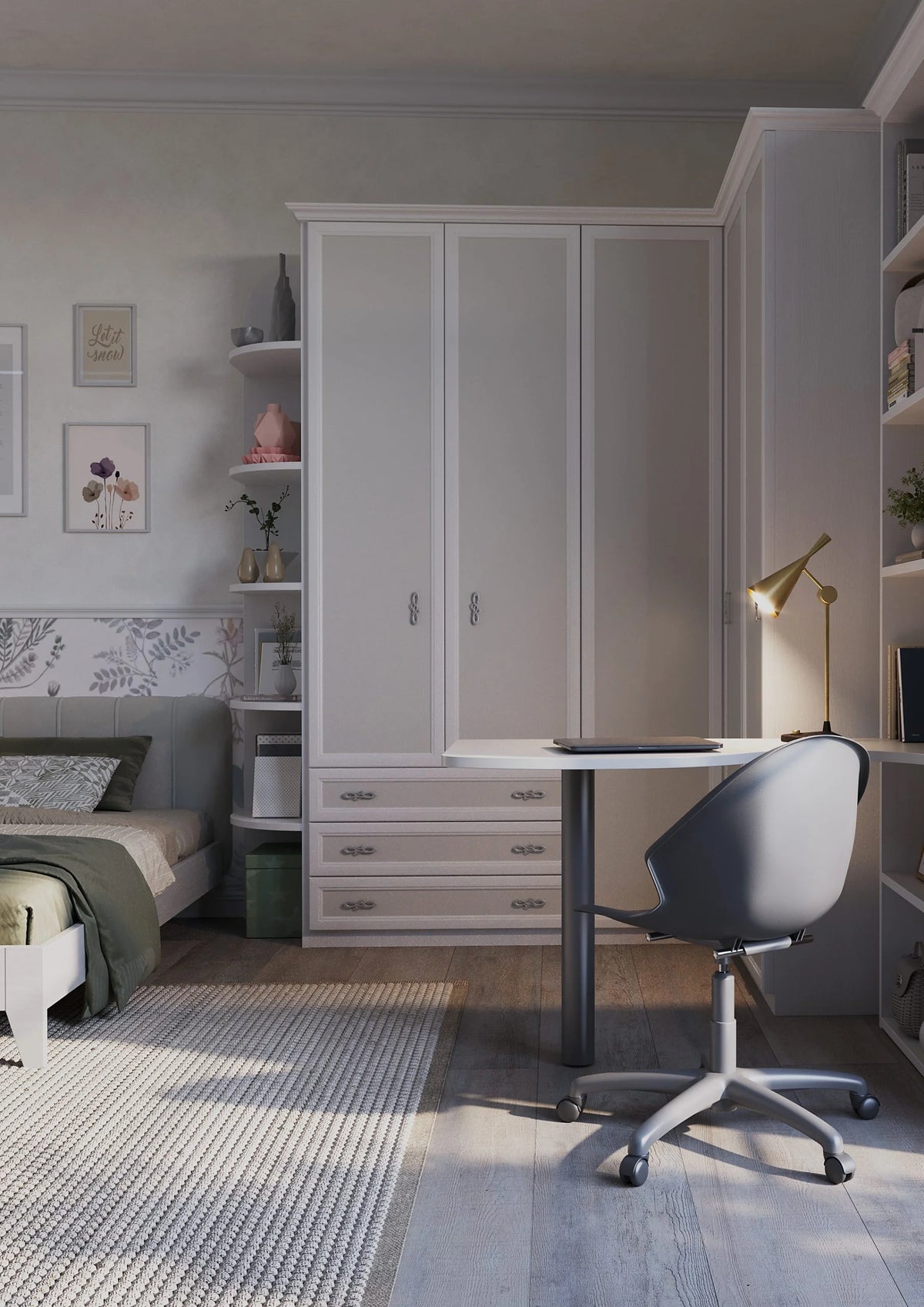 Composizione armadio angolare con terminale a giorno e letto con comodini