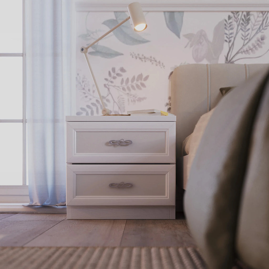 Composizione armadio angolare con terminale a giorno e letto con comodini