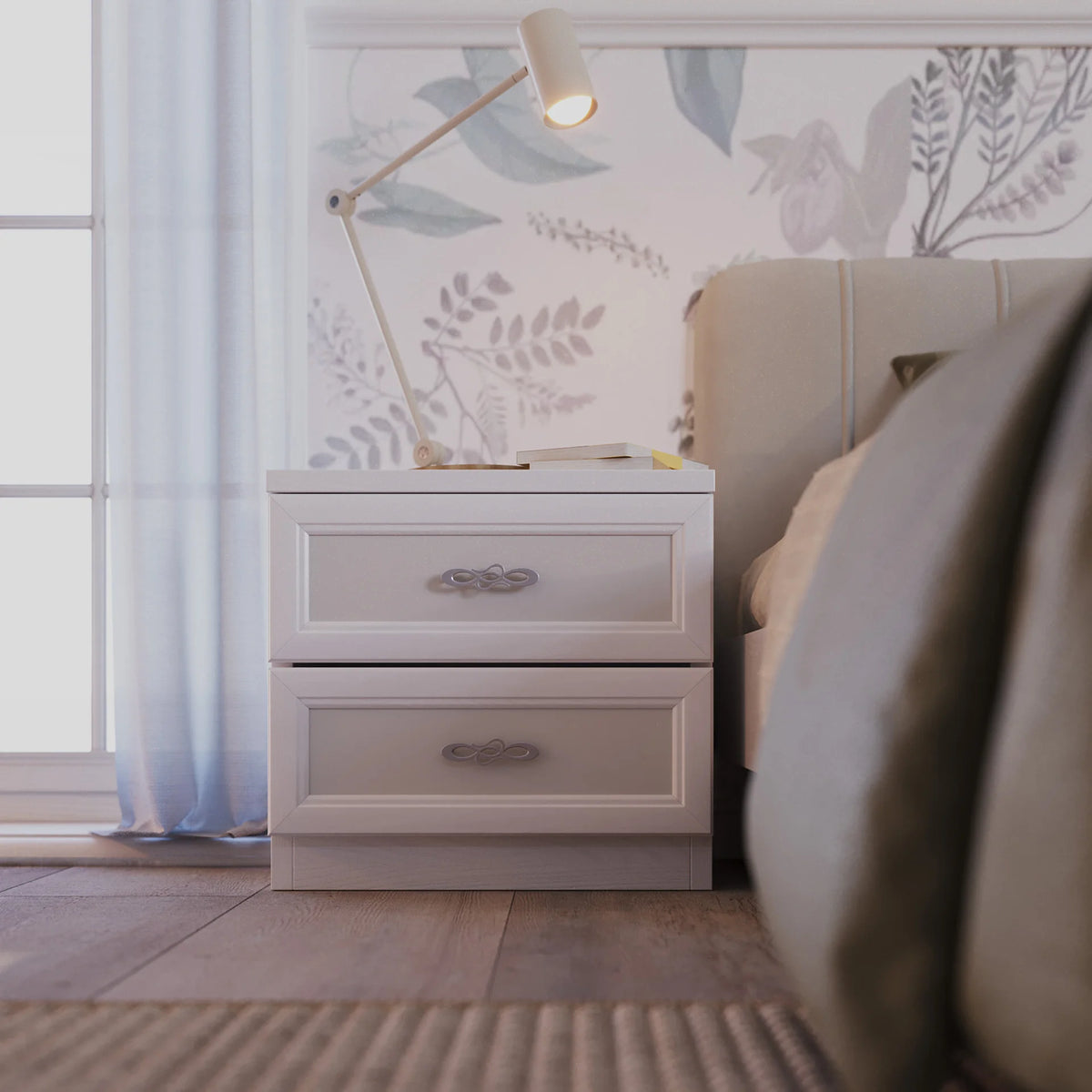 Composizione armadio angolare con terminale a giorno e letto con comodini