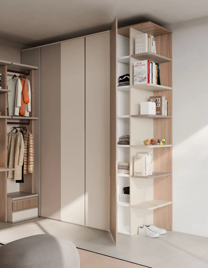 Composizione camera con armadio ad ante battenti con gola, letto e parete studio/libreria con cassetti