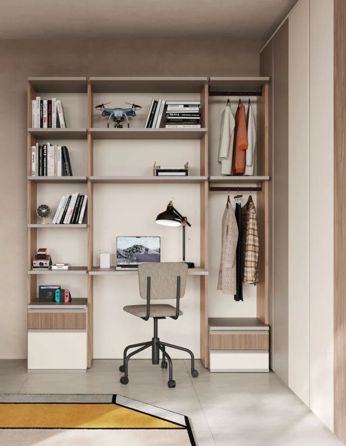 Composizione camera con armadio ad ante battenti con gola, letto e parete studio/libreria con cassetti