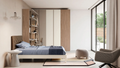 Composizione camera con armadio ad ante battenti con gola, letto e parete studio/libreria con cassetti