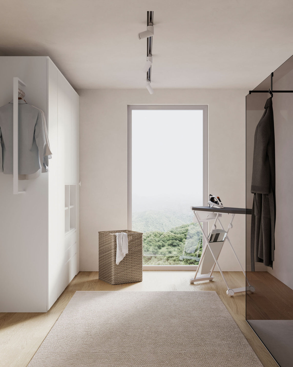 Cabina armadio zona lavanderia con ripiani porta oggetti