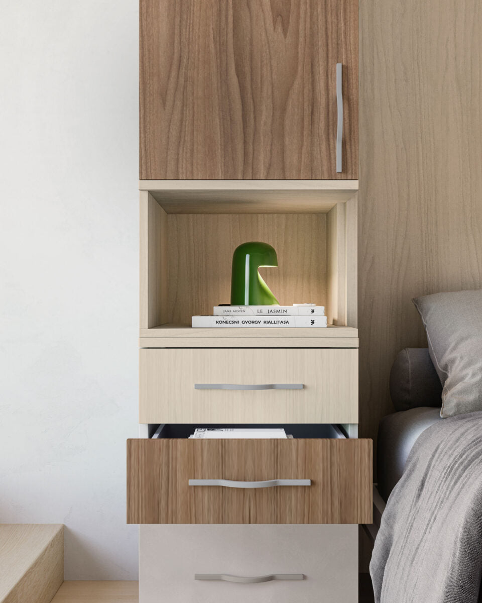 Composizione armadio con letto a scomparsa integrato, cassetti e elementi a giorno