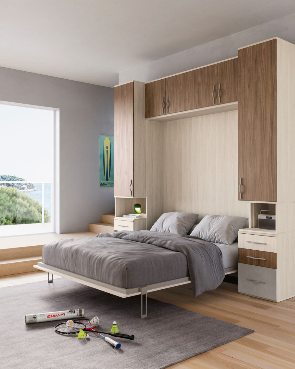 Composizione armadio con letto a scomparsa integrato, cassetti e elementi a giorno