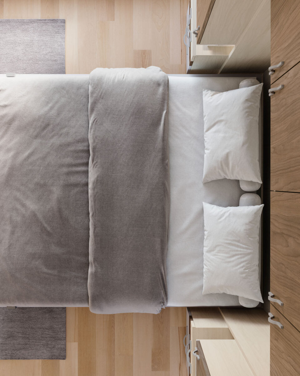 Composizione armadio con letto a scomparsa integrato, cassetti e elementi a giorno