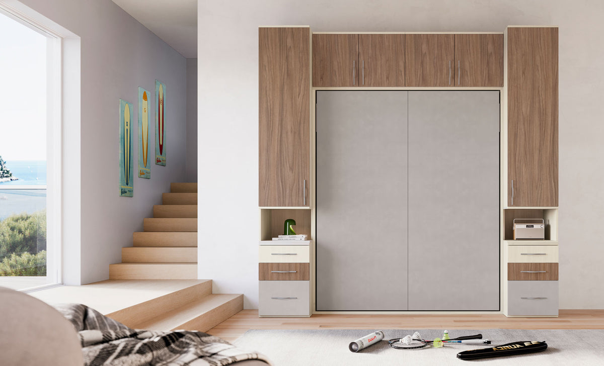 Composizione armadio con letto a scomparsa integrato, cassetti e elementi a giorno