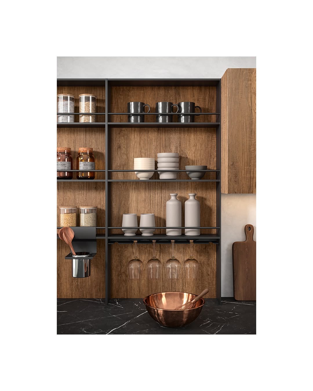Composizione cucina ad angolo con piano Snack, boiserie e parete colonne