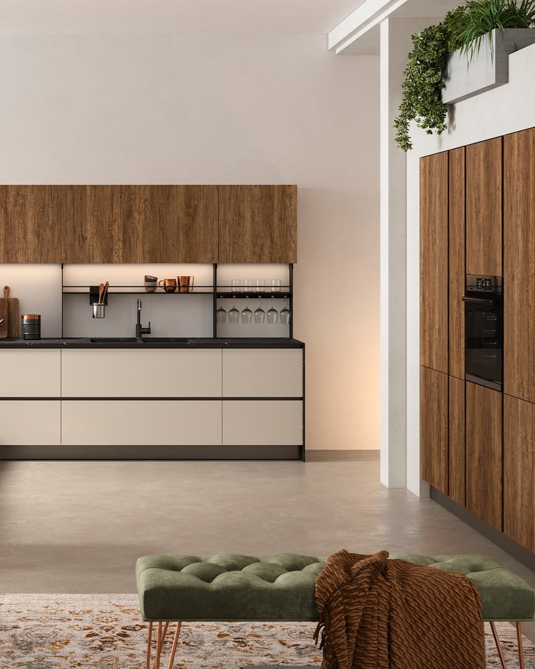 Composizione cucina ad angolo con piano Snack, boiserie e parete colonne