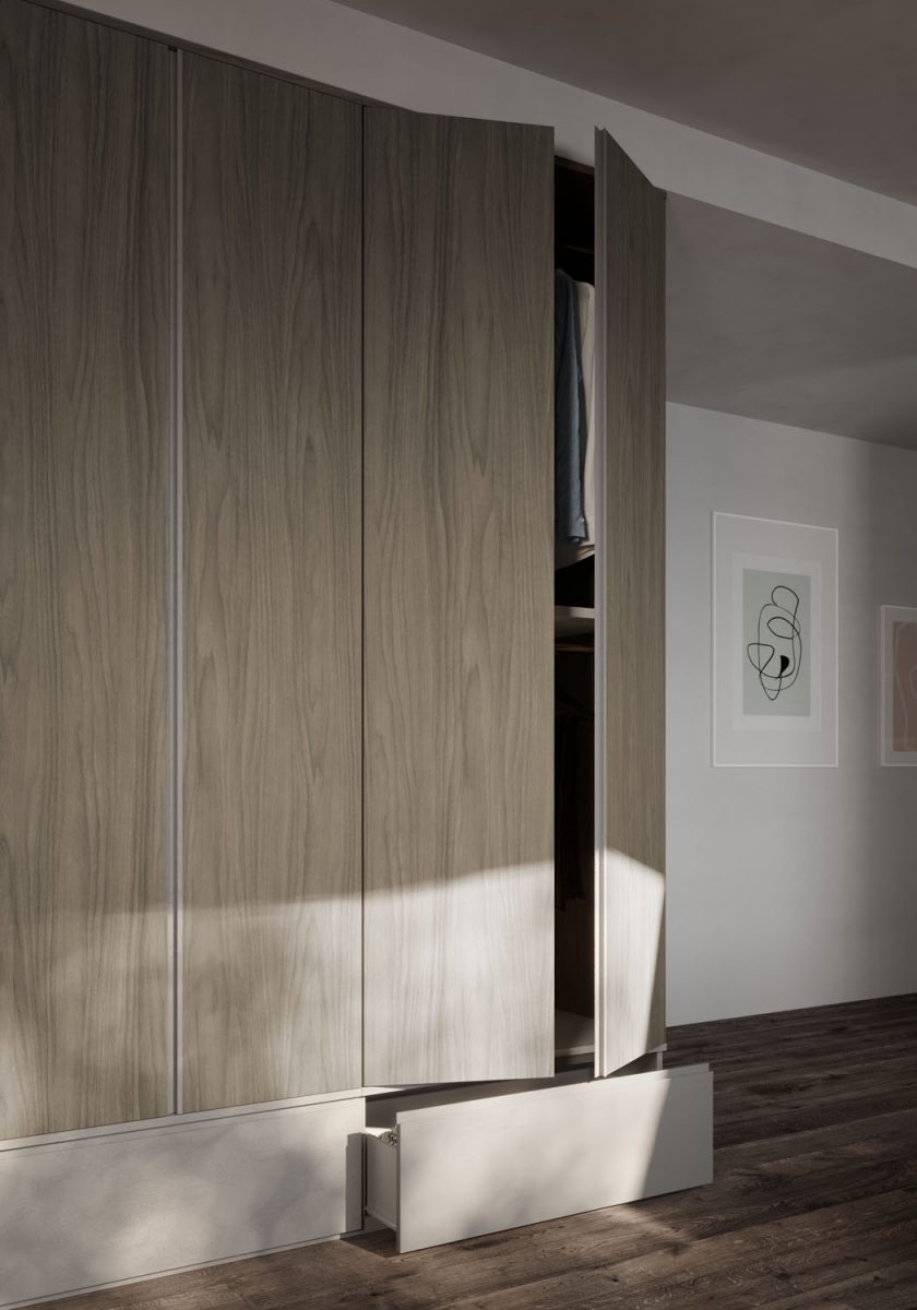 Composizione camera con armadio 2 ante battenti gola integrata e cassetto inferiore estraibile e letto