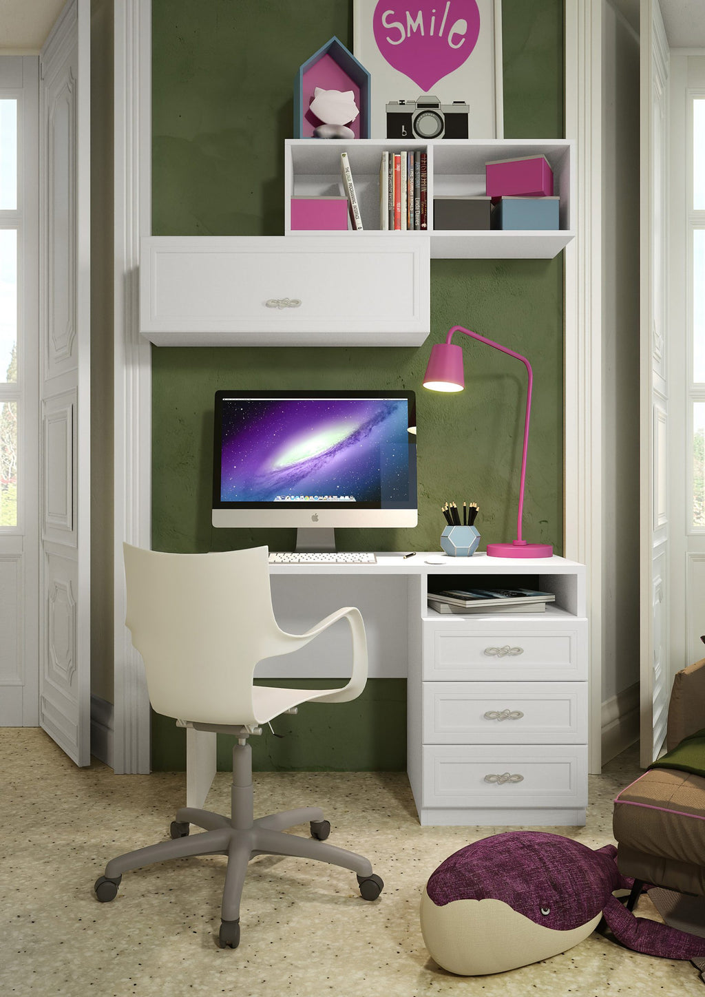 Composizione cameretta con armadio a 4 ante, letto singolo, scrivania e comodino con telaio colorato