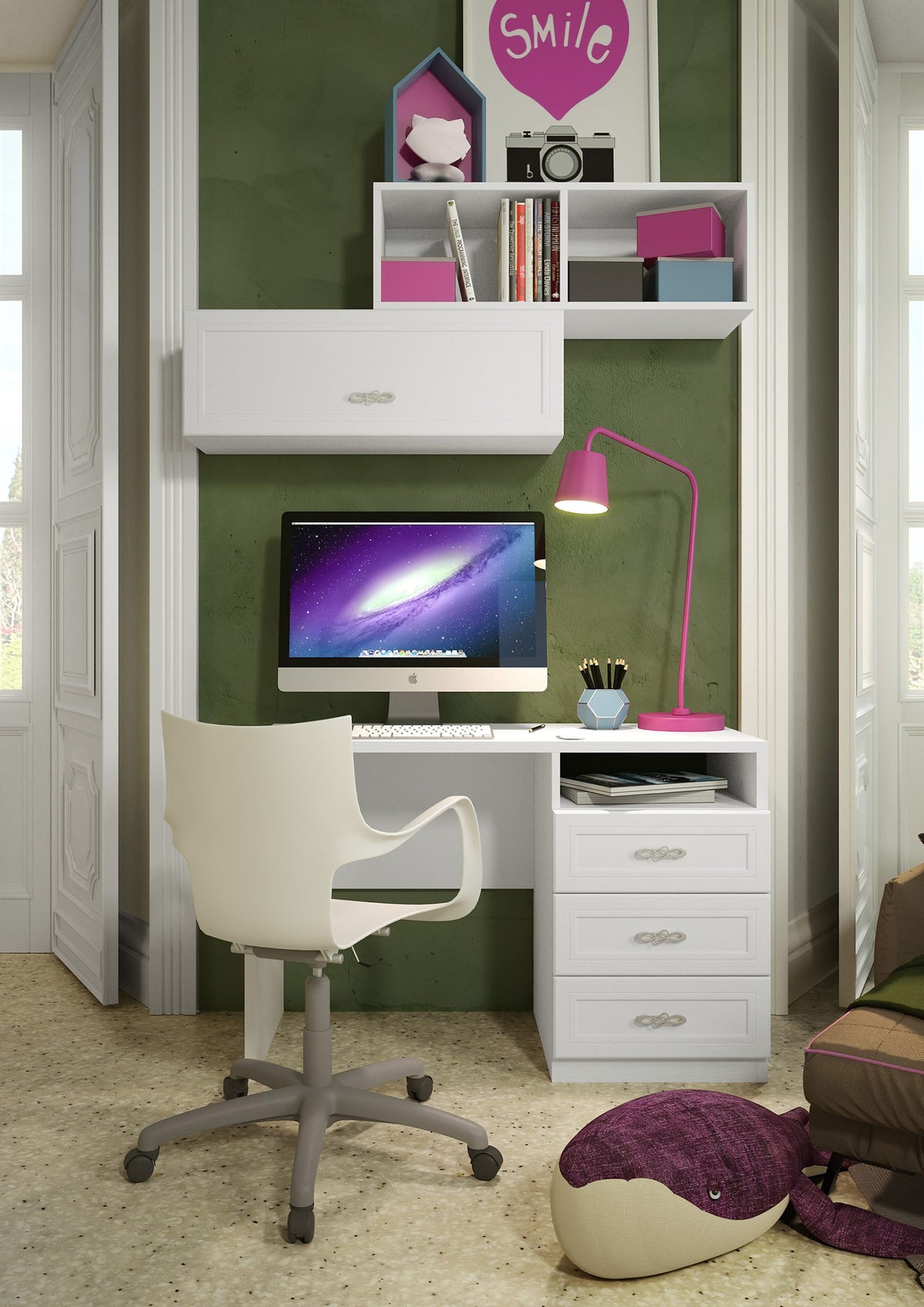 Composizione cameretta con armadio a 4 ante, letto singolo, scrivania e comodino con telaio colorato