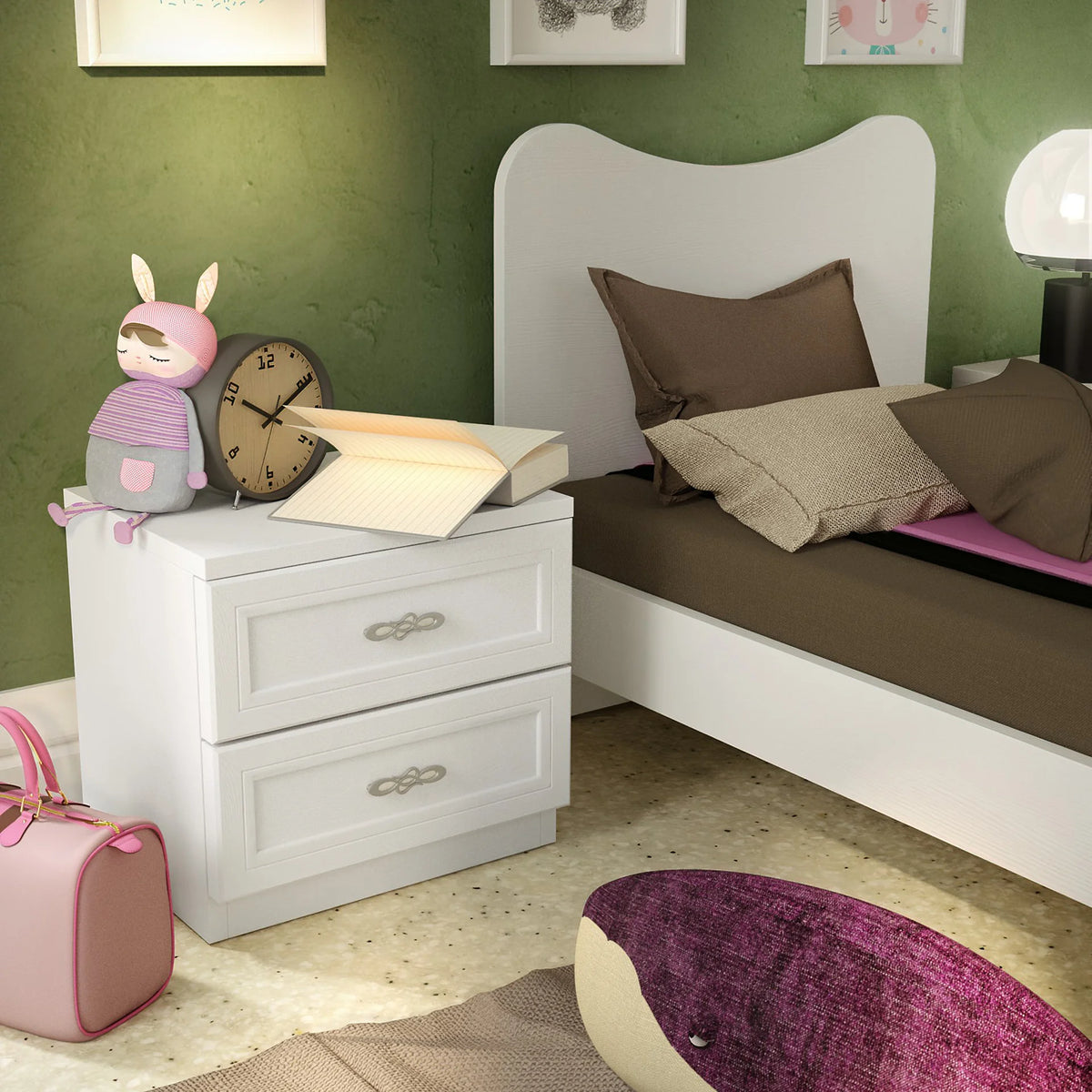 Composizione cameretta con armadio a 4 ante, letto singolo, scrivania e comodino con telaio colorato