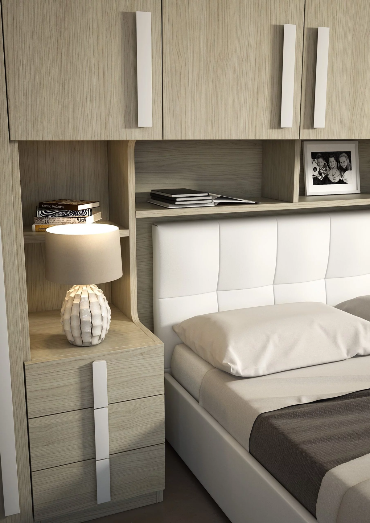 Camera da letto a ponte angolare con elementi a giorno e letto con contenitore