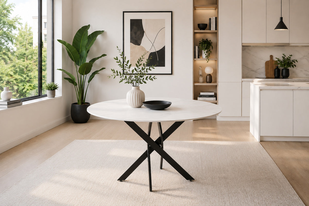 Tavolo tondo piano ceramica effetto marmo bianco