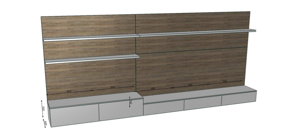 Composizione a giorno con basi sospese bianco opaco push-pull e elemento boiserie porta TV rovere con mensole bianche