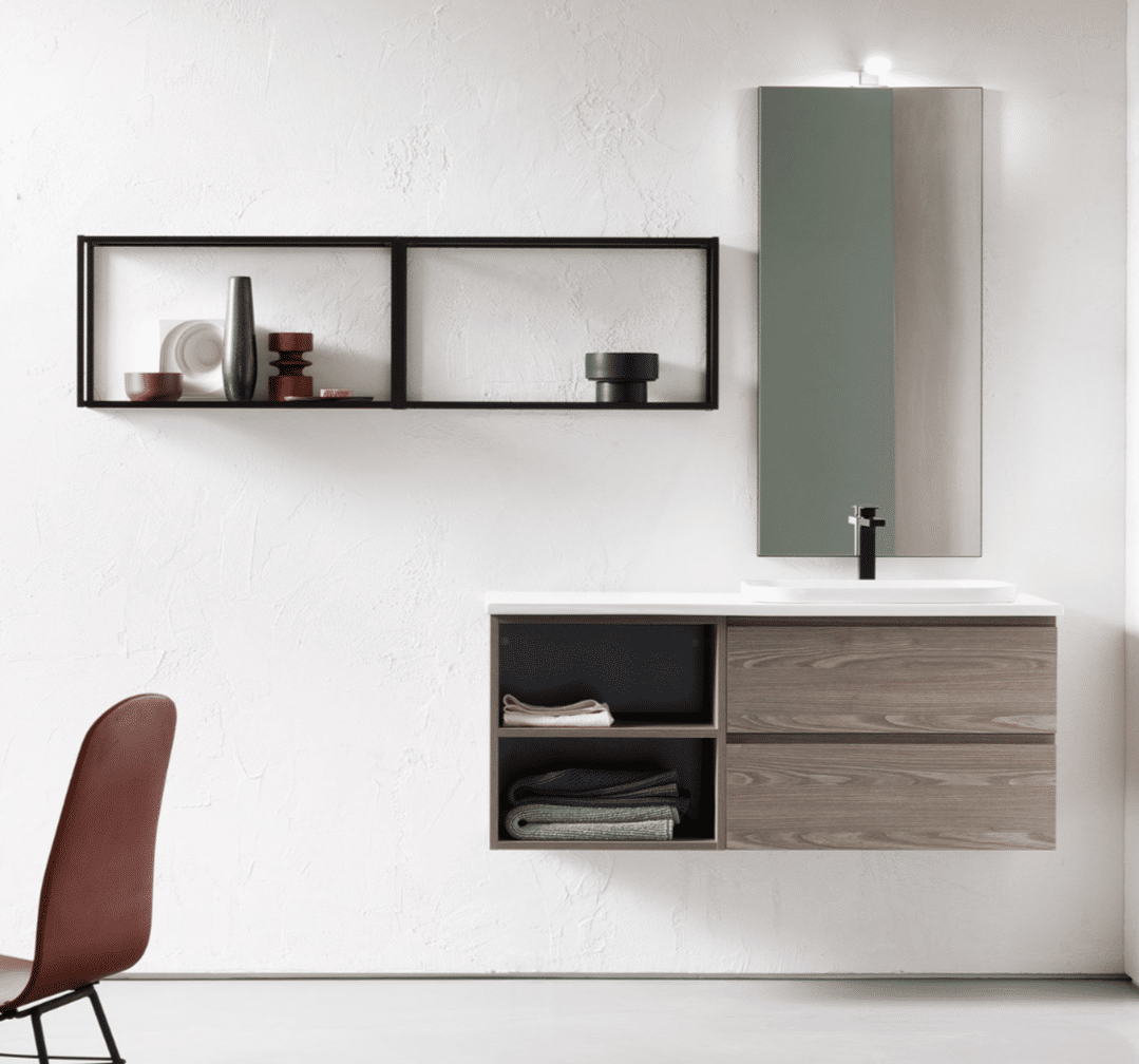 Mobile bagno con base portalavabo sospesa con cassetti e elementi a giorno e elemento a giorno in metallo brunito