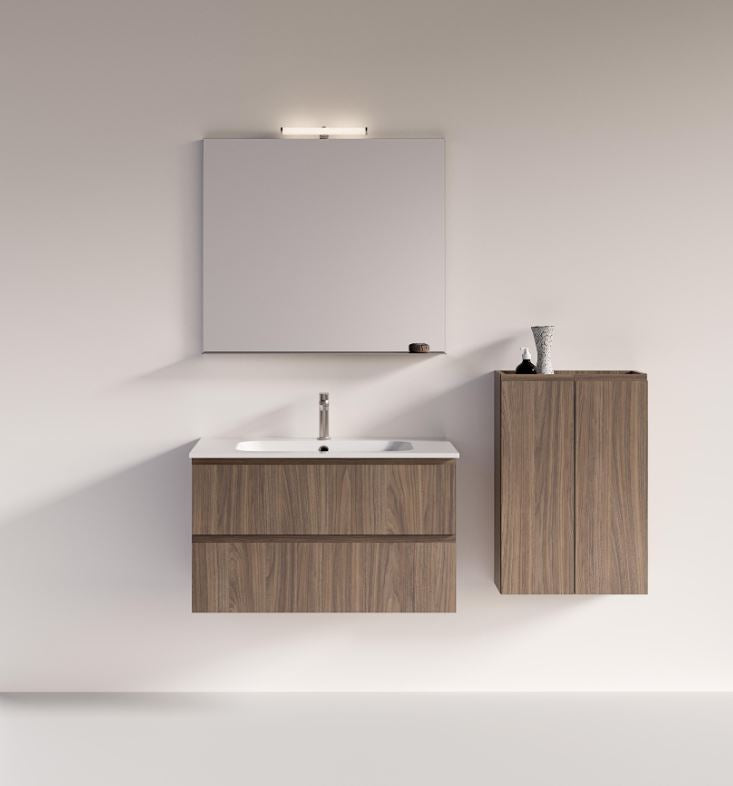 Base sospesa portalavabo con specchiera illuminata a LED e pensile 2 ante