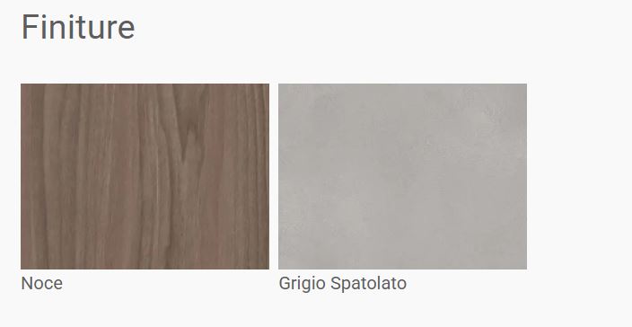 Composizione soggiorno con basi grigio spatolato, elementi a giorno e mensola laterale