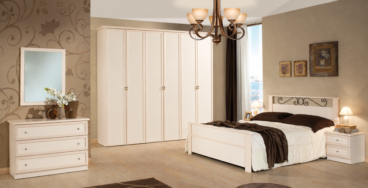 Composizione camera patinato beige con armadio 6 ante battenti, letto e gruppo comodini/comò