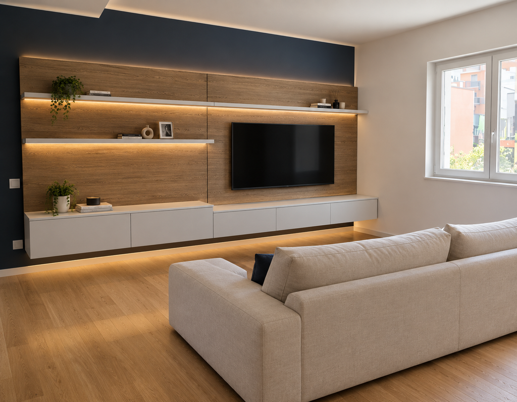 Composizione a giorno con basi sospese bianco opaco push-pull e elemento boiserie porta TV rovere con mensole bianche