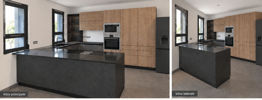 Composizione cucina angolare con colonne rovere naturale, boiserie stile Industrial e top in marmo nero