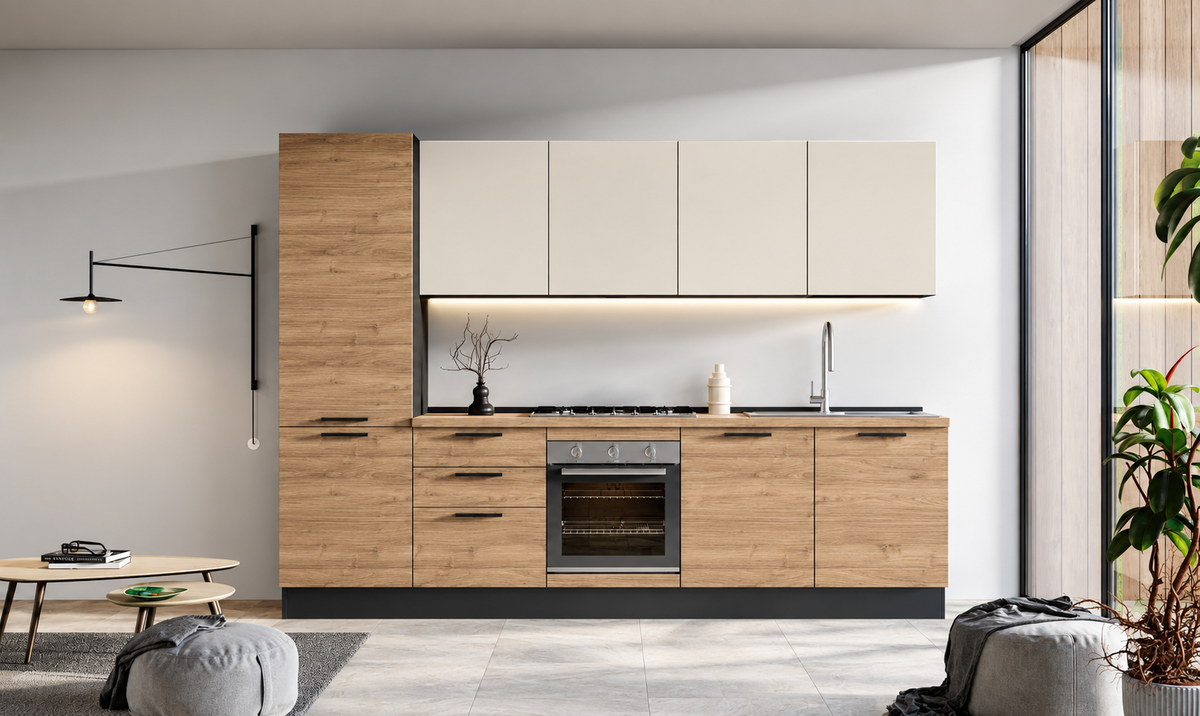 Composizione cucina L. 300 H. 219 grigio grafite con top rovere chiaro