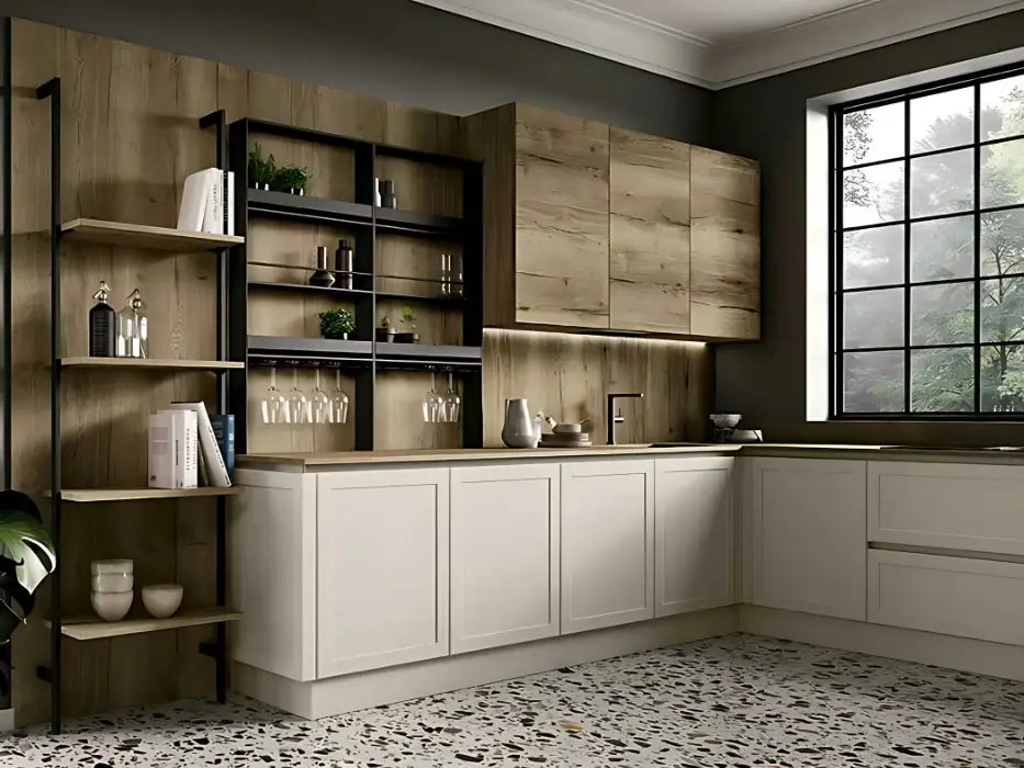 Cucina contemporanea anta a telaio, con schienale boiserie effetto Industrial