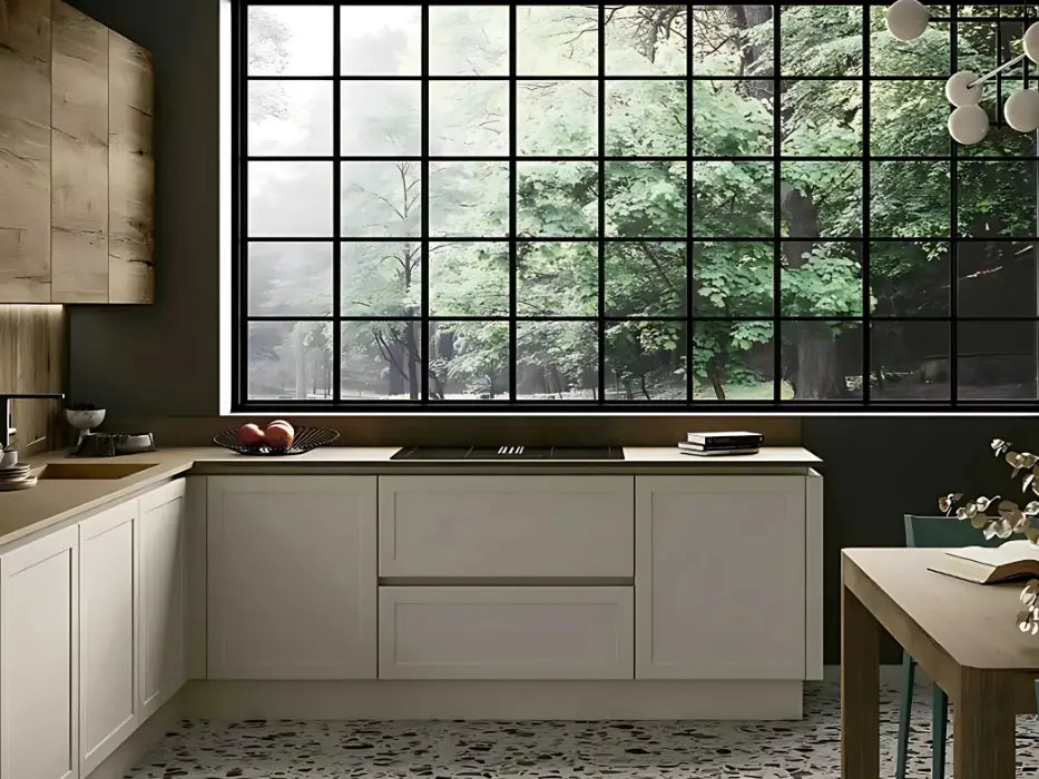 Cucina contemporanea anta a telaio, con schienale boiserie effetto Industrial