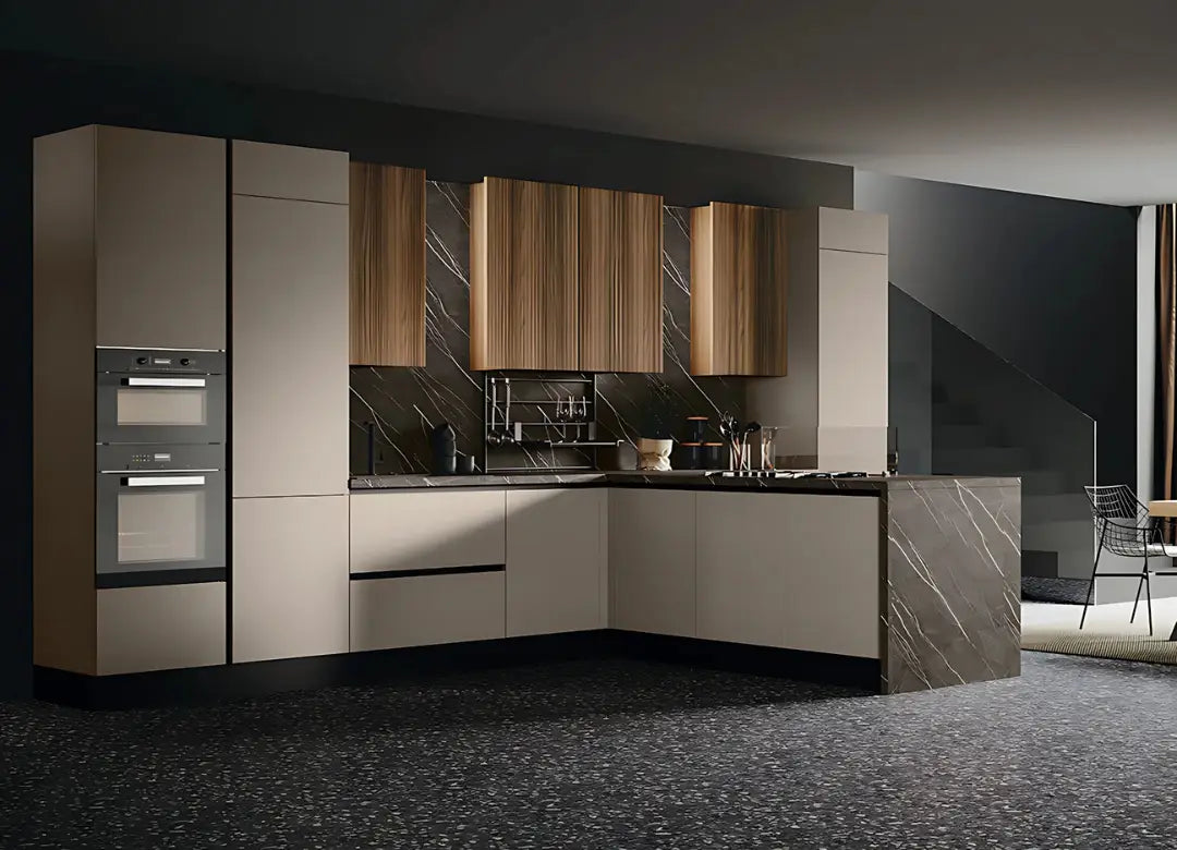 Composizione cucina angolare con penisola a cascata ed elementi sospesi
