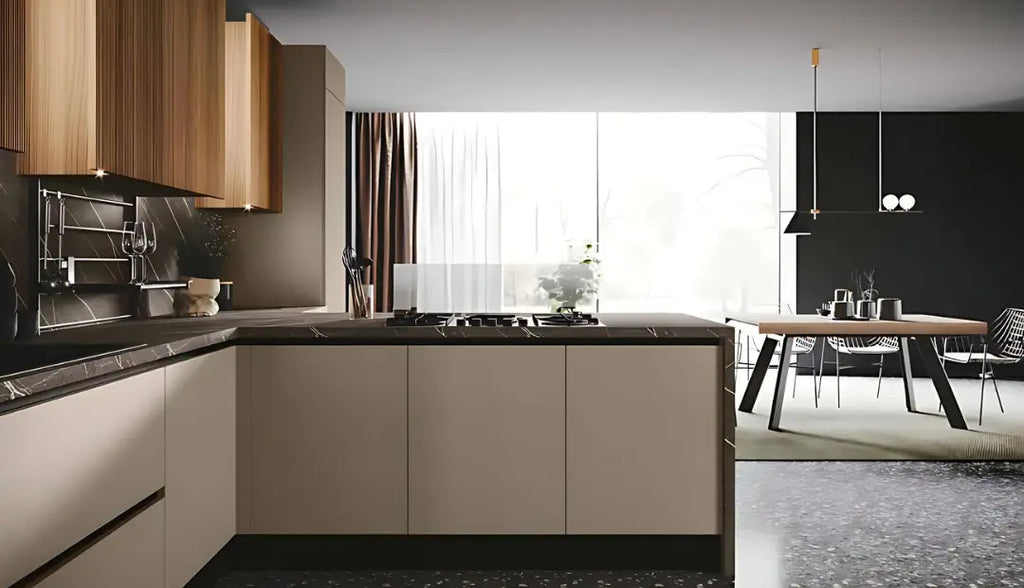 Composizione cucina angolare con penisola a cascata ed elementi sospesi