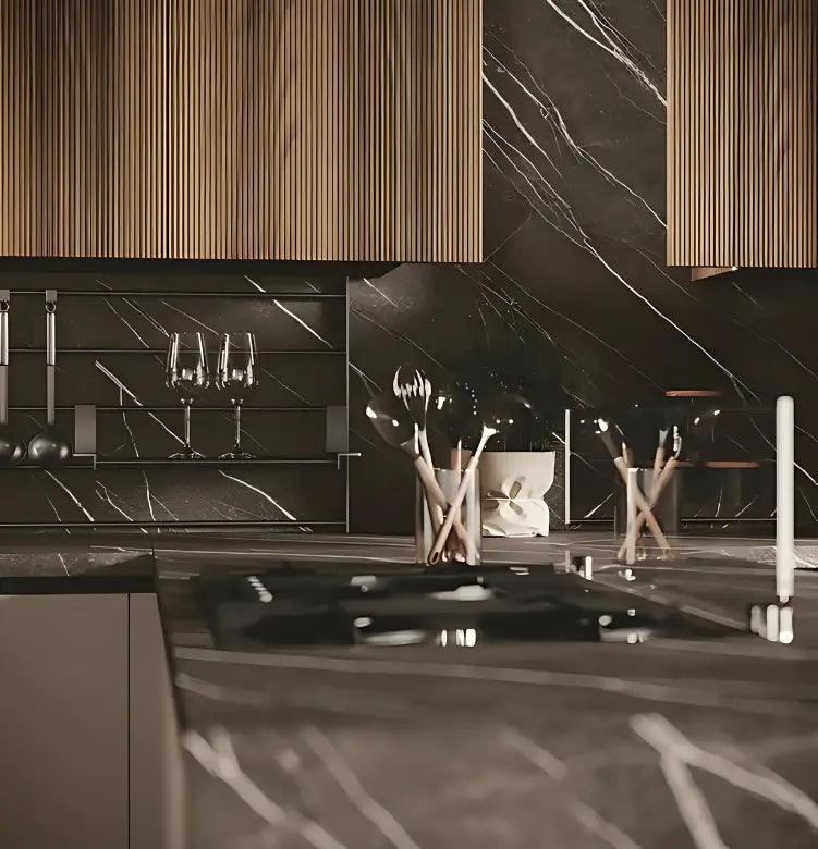 Composizione cucina angolare con penisola a cascata ed elementi sospesi