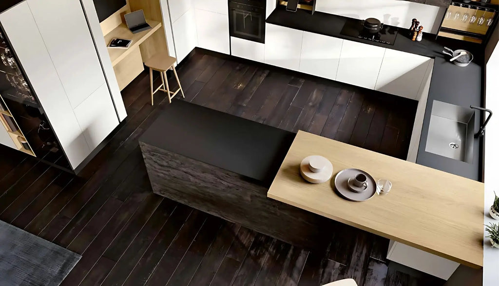 Composizione cucina con isola centrale, boiserie attrezzata e piano snack sospeso a sbalzo