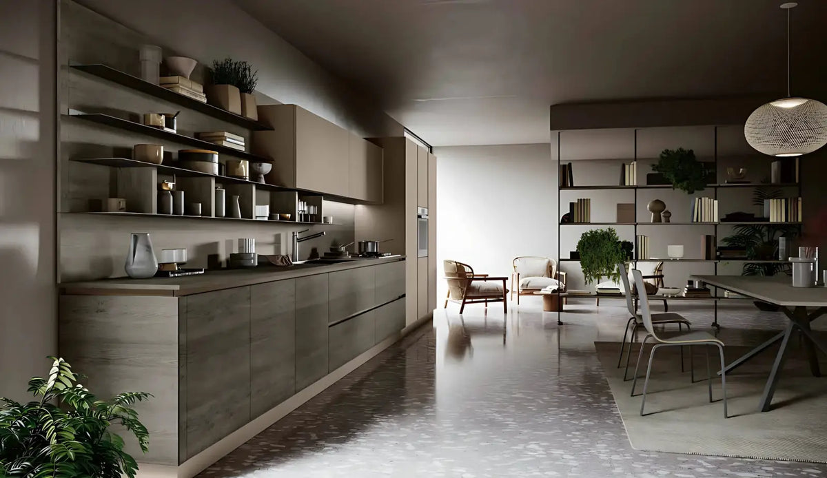 Composizione cucina lineare con boiserie a giorno e colonne integrate
