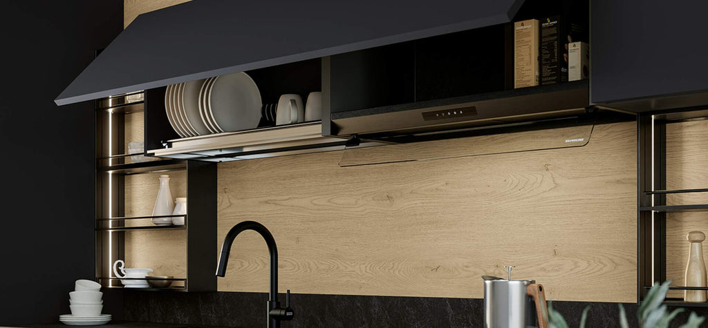 Composizione cucina lineare bicolore con piano Snack stile Industrial