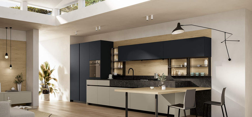 Composizione cucina lineare bicolore con piano Snack stile Industrial