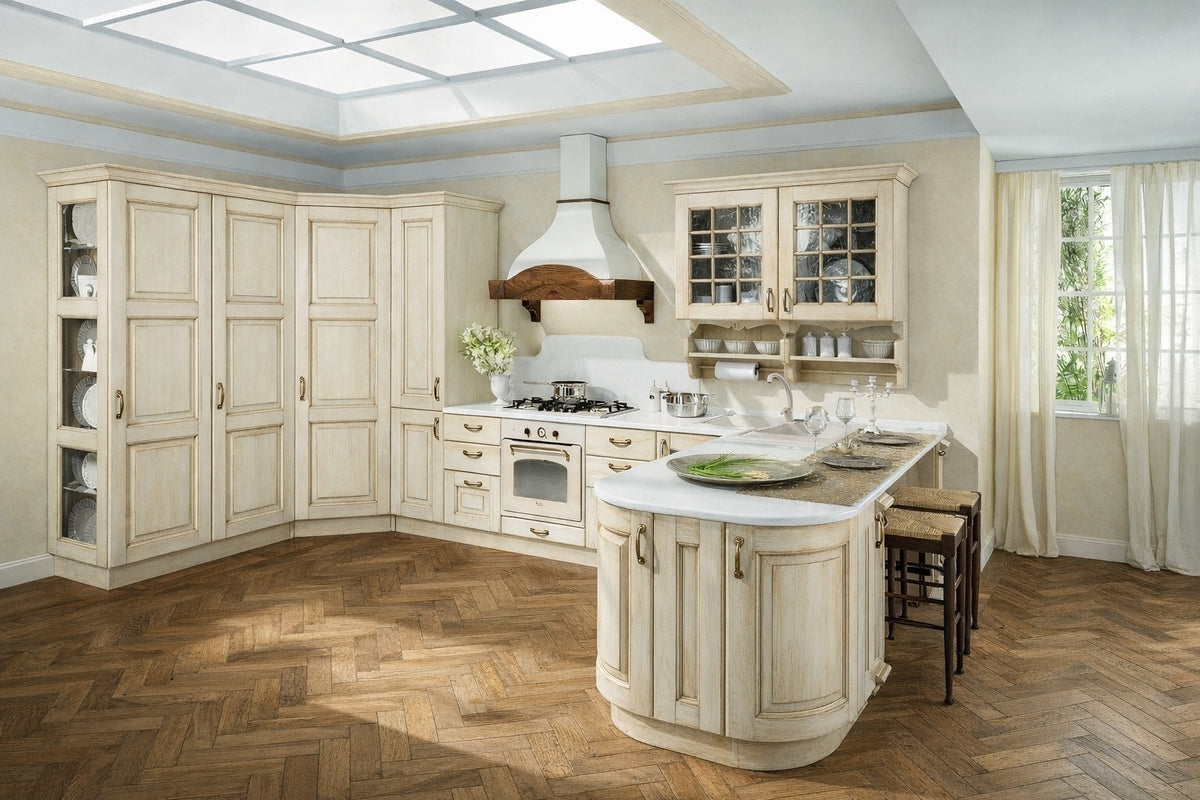 Cucina in stile classico country con ante bugnate in finitura decapata