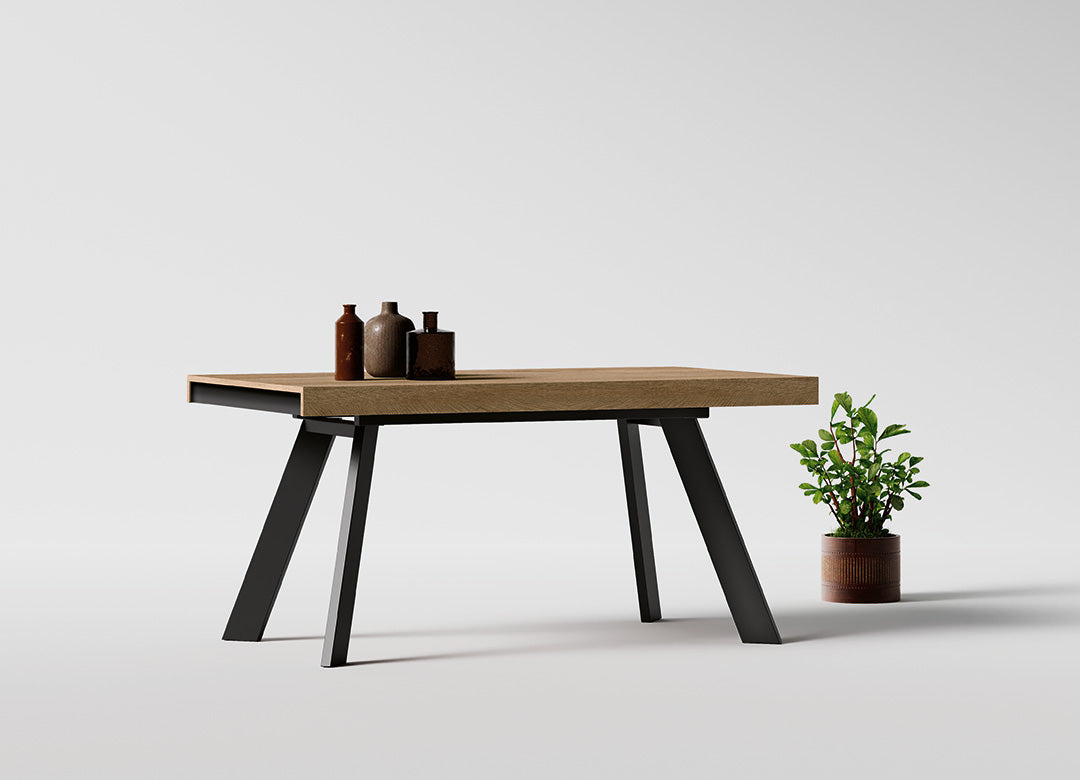 Tavolo allungabile piano essenza legno e struttura in metallo scuro