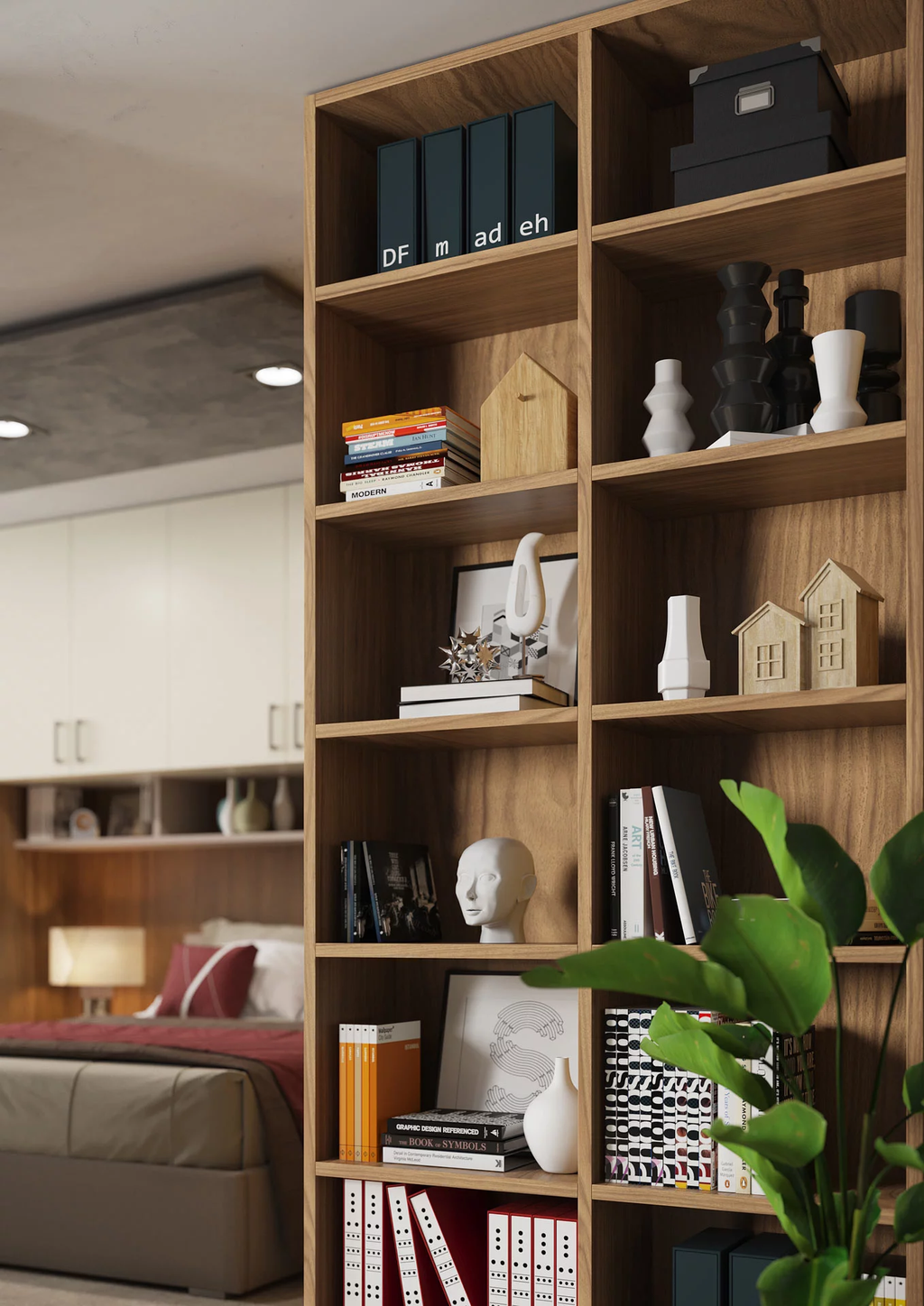 Camera con ponte attrezzato, elementi libreria porta oggetti, letto imbottito con contenitore e comodini