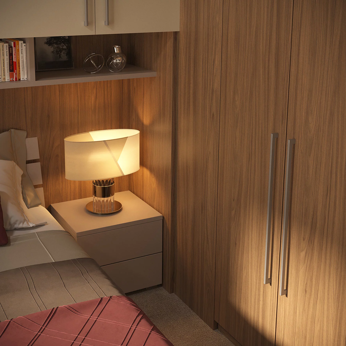 Camera con ponte attrezzato, elementi libreria porta oggetti, letto imbottito con contenitore e comodini