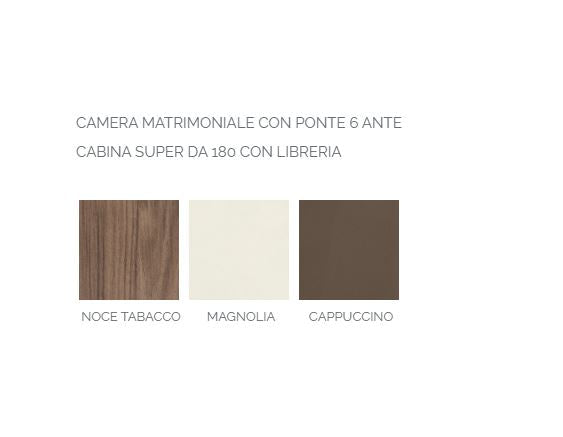 Camera con ponte attrezzato, elementi libreria porta oggetti, letto imbottito con contenitore e comodini