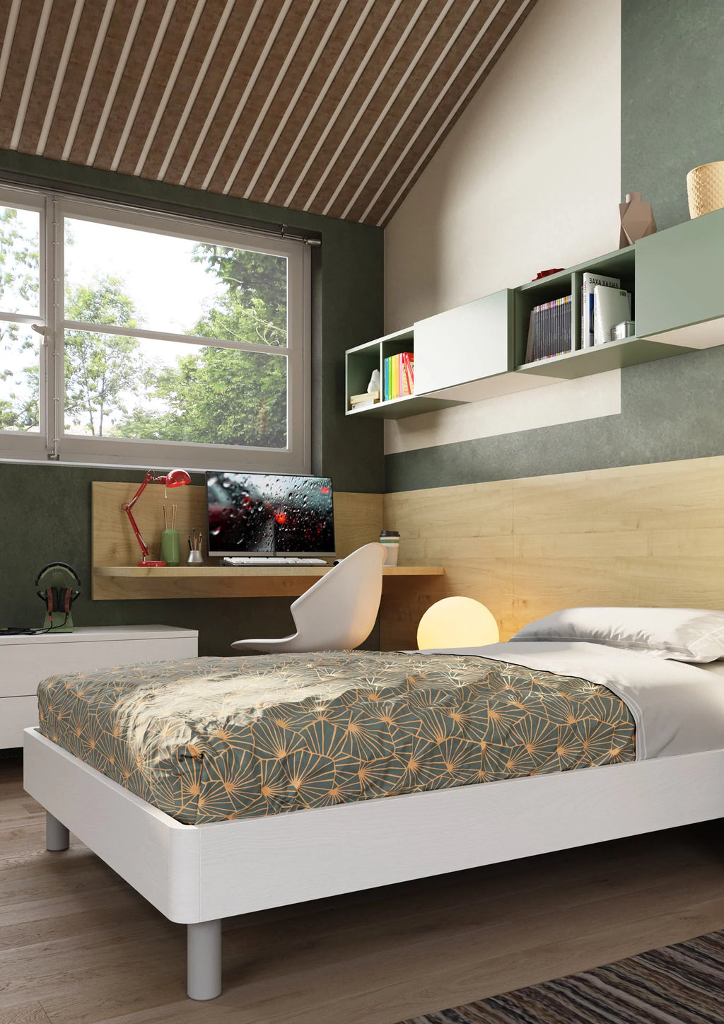 Cameretta con letto completo di boiserie, cassettiera e scrivania sospesa e armadiatura con vano a giorno