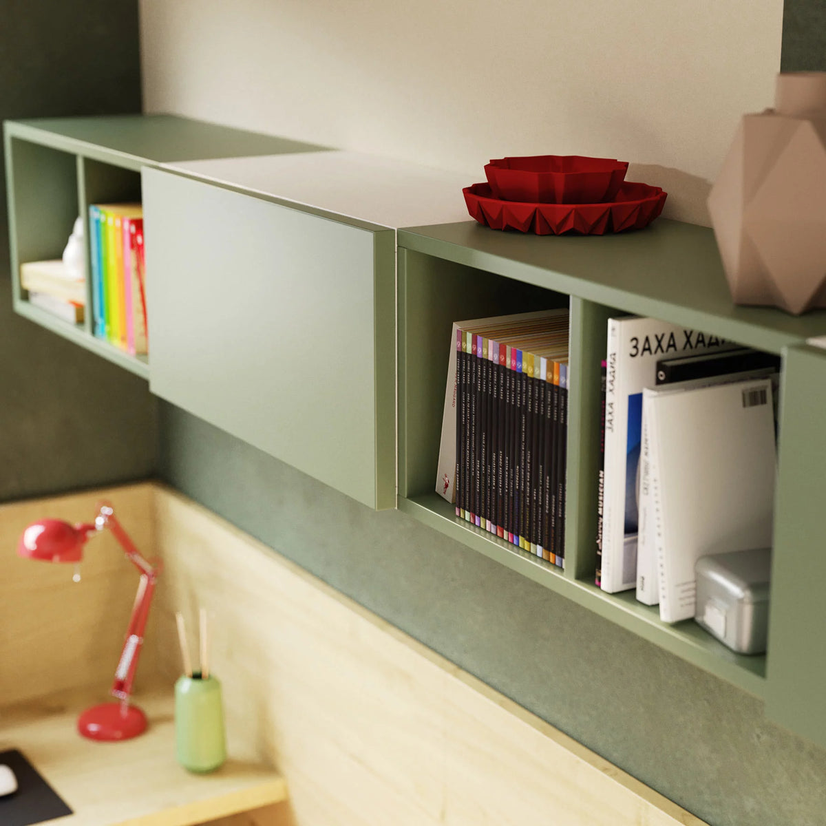 Cameretta con letto completo di boiserie, cassettiera e scrivania sospesa e armadiatura con vano a giorno