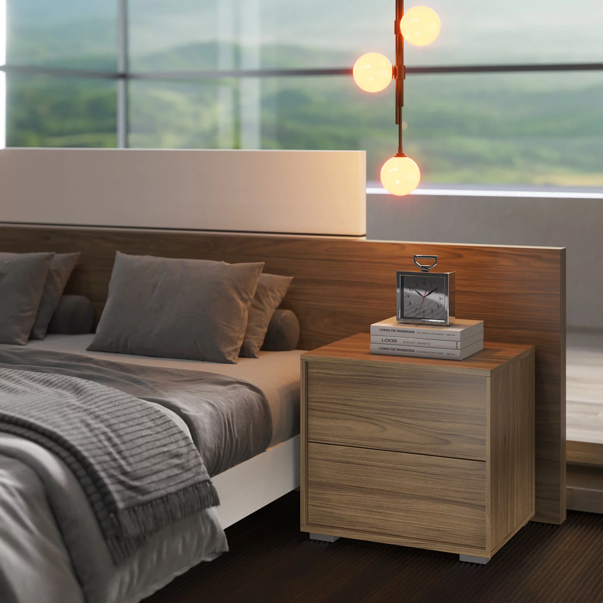 Camera con armadio ad ante battenti, letto con contenitore, settimino e gruppo comodini