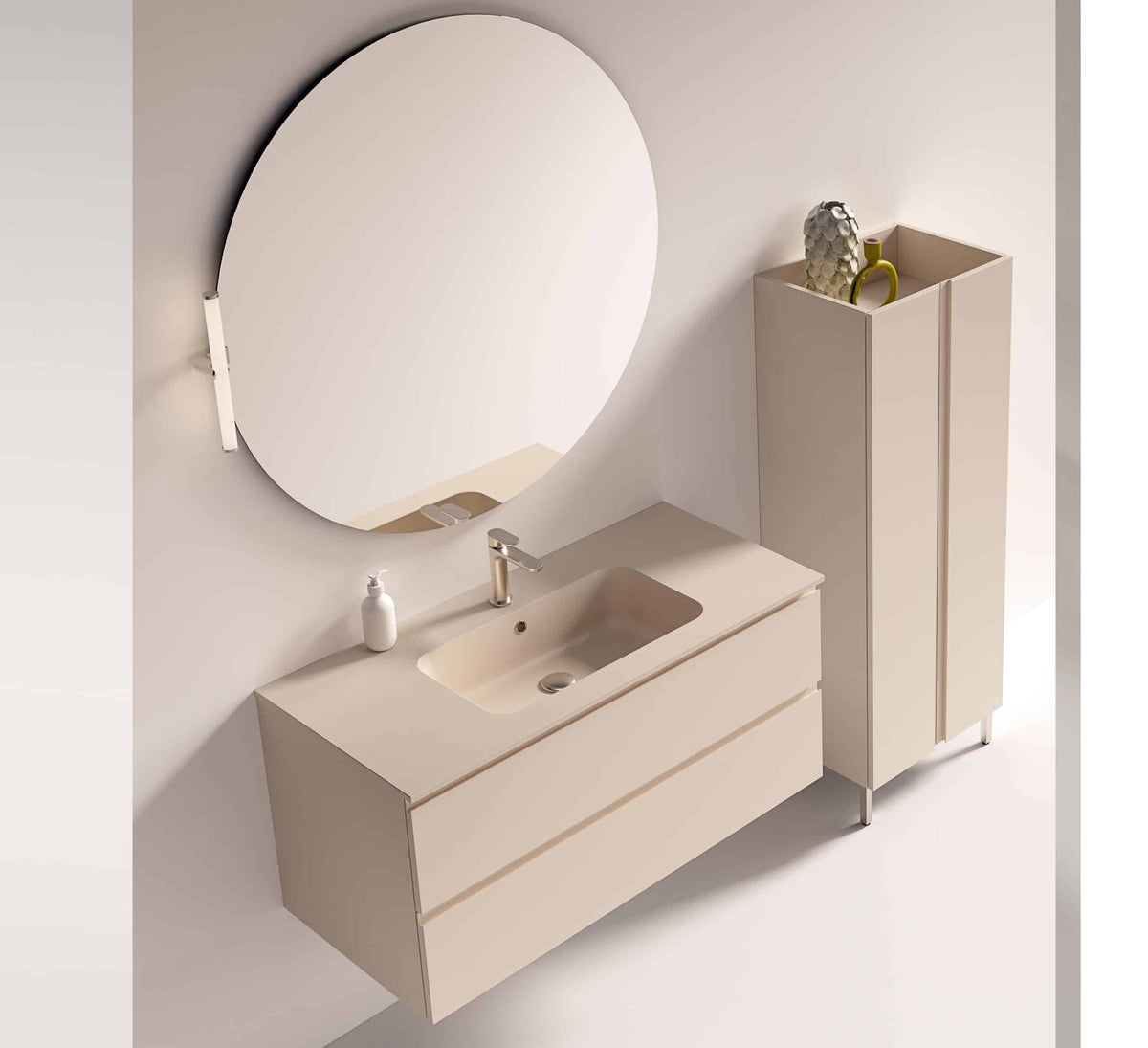 Mobile bagno sospeso con colonna laterale dispensa a 2 ante e specchiera circolare retroilluminata